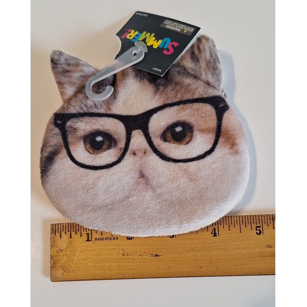 Summer! Cat with Glasses Plush Coin Pouch Novelty Zipper Purse HL9139069 New - Picture 4 of 4